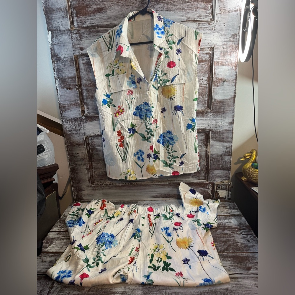 White Floral Button-Up Top and Pants Set